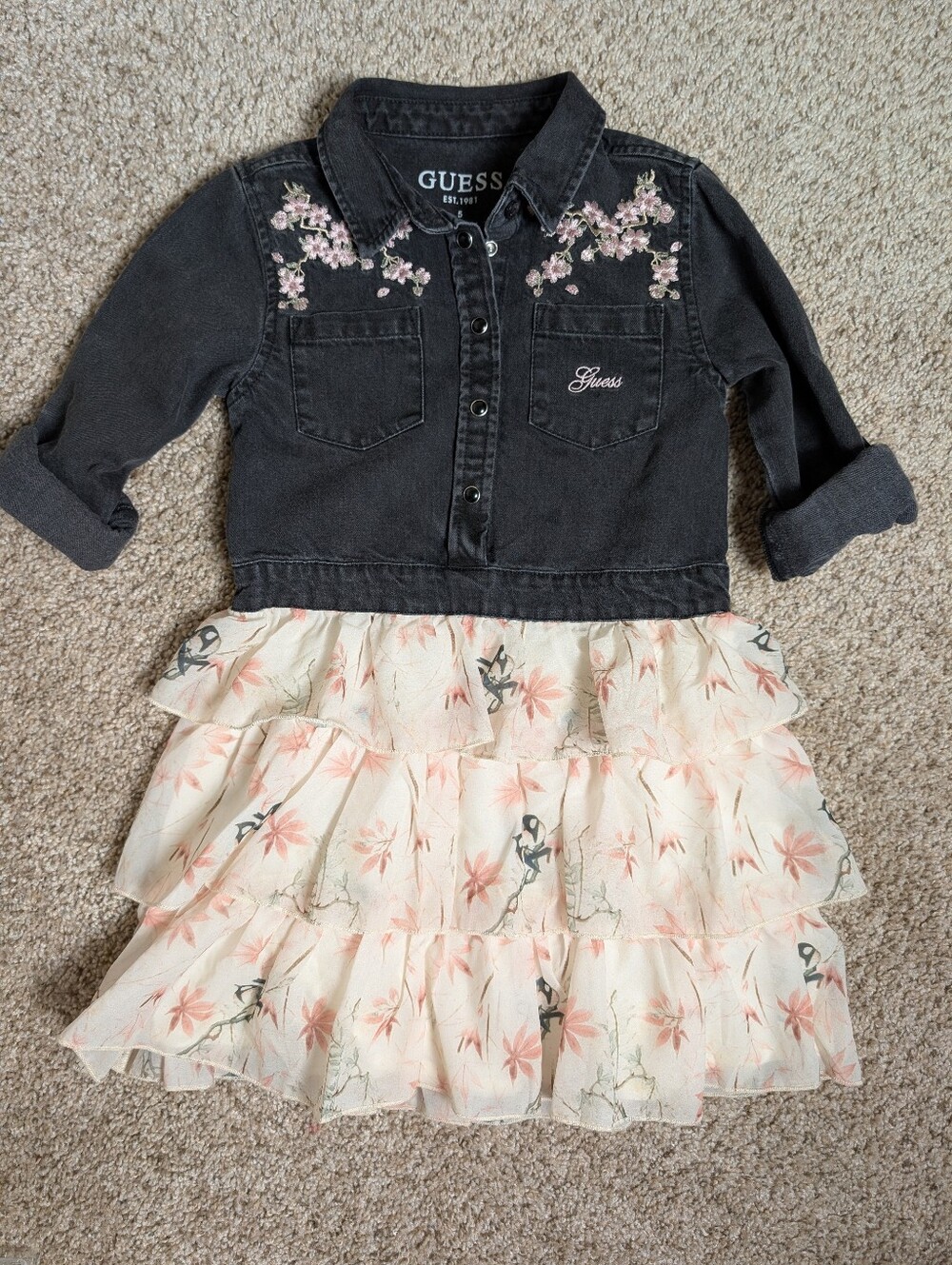 GUESS Kids Black Denim Top with Cream Pink Floral Ruffle Skirt Kids Size 5